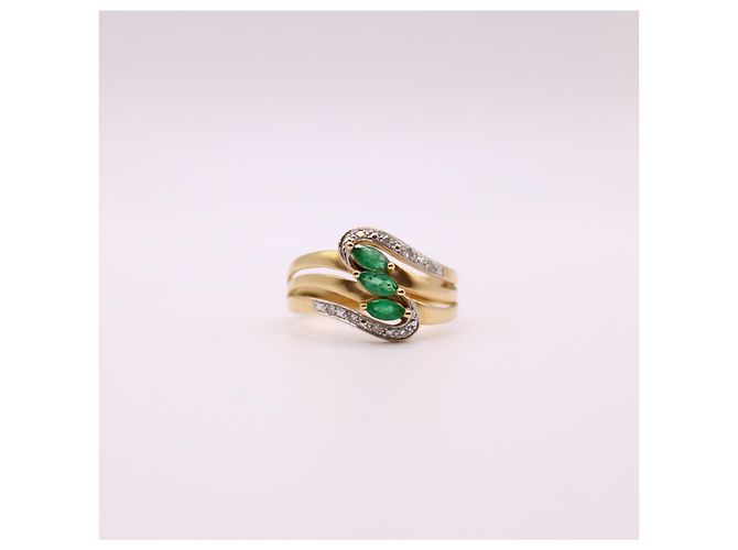 Autre Marque Anello trilogy di smeraldi a navetta e diamanti in oro giallo 750%O Verde chiaro Gold hardware - vista 7