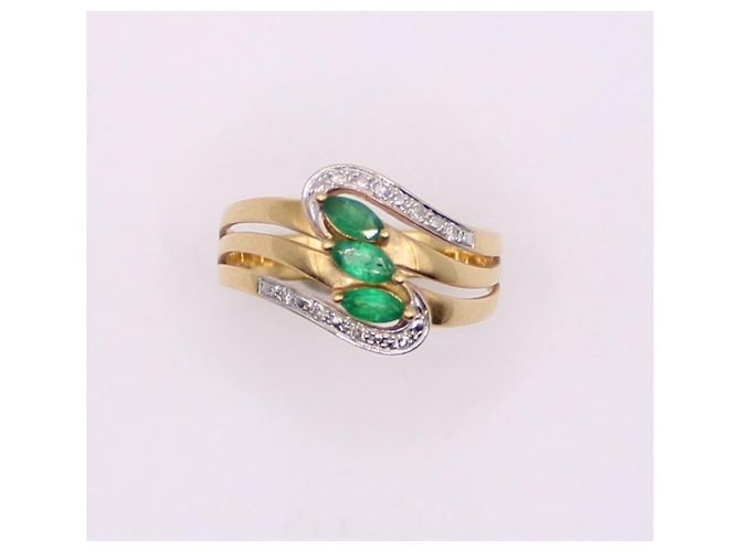 Autre Marque Anello trilogy di smeraldi a navetta e diamanti in oro giallo 750%O Verde chiaro Gold hardware - vista 8