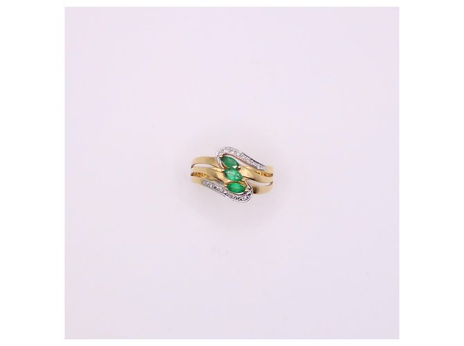 Autre Marque Anello trilogy di smeraldi a navetta e diamanti in oro giallo 750%O Verde chiaro Gold hardware - vista 9