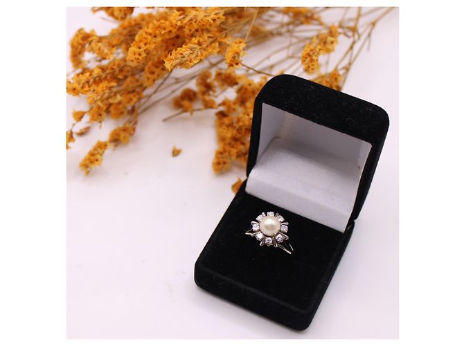 Autre Marque Anello margherita con perla centrale e entourage di diamanti in oro bianco 750%O Silver hardware - vista 10