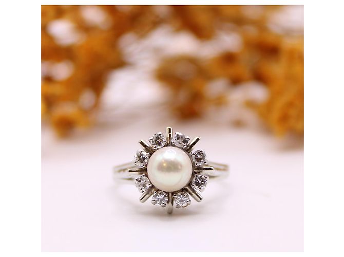 Autre Marque Anello margherita con perla centrale e entourage di diamanti in oro bianco 750%O Silver hardware - vista 2