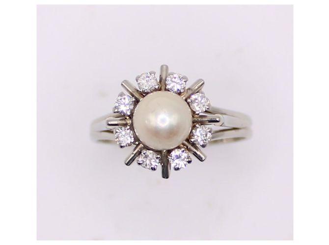 Autre Marque Anello margherita con perla centrale e entourage di diamanti in oro bianco 750%O Silver hardware - vista 3