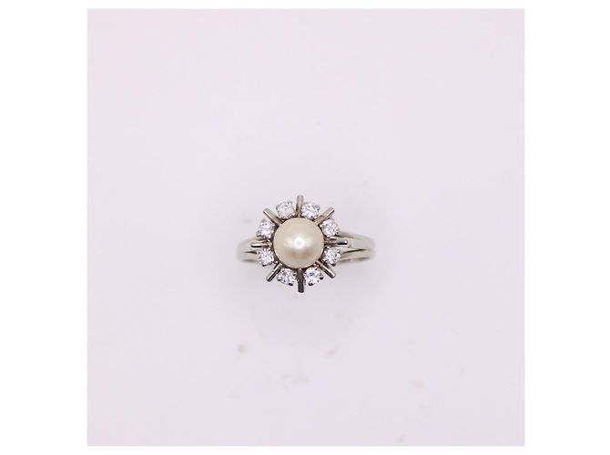 Autre Marque Anello margherita con perla centrale e entourage di diamanti in oro bianco 750%O Silver hardware - vista 4