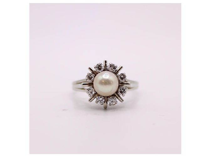Autre Marque Anello margherita con perla centrale e entourage di diamanti in oro bianco 750%O Silver hardware - vista 5