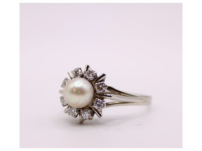 Autre Marque Anello margherita con perla centrale e entourage di diamanti in oro bianco 750%O Silver hardware - vista 6