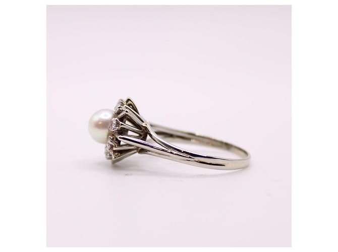 Autre Marque Anello margherita con perla centrale e entourage di diamanti in oro bianco 750%O Silver hardware - vista 7