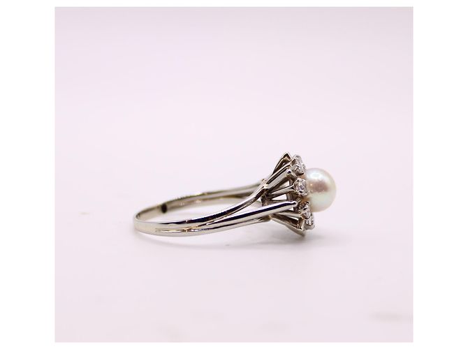 Autre Marque Anello margherita con perla centrale e entourage di diamanti in oro bianco 750%O Silver hardware - vista 9