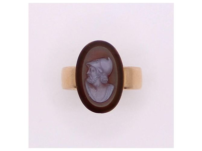 Autre Marque Anello da elmo da uomo in oro con cammeo impero e agata 750%O Bordò Gold hardware - vista 2