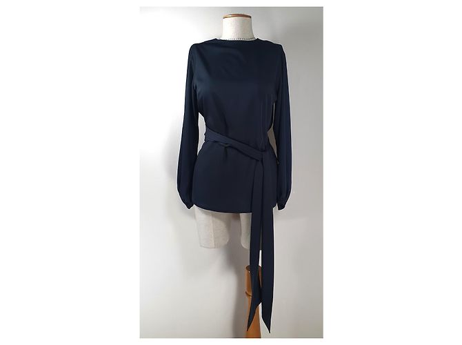 Camicetta Moschino Boutique in Seta Blu Navy con Vita Annodata - vista 3