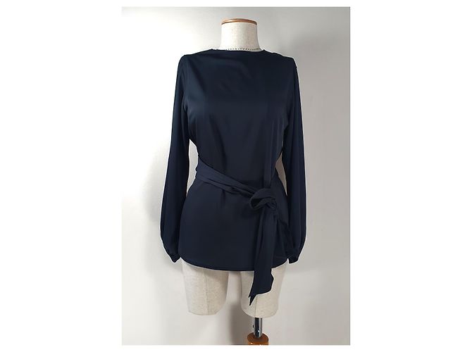 Camicetta Moschino Boutique in Seta Blu Navy con Vita Annodata - vista 4