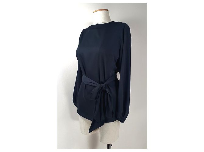 Camicetta Moschino Boutique in Seta Blu Navy con Vita Annodata - vista 5