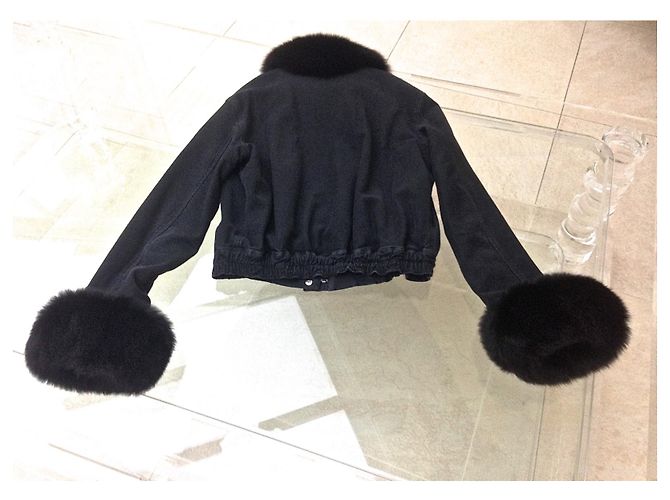 Giacca Bomber Blumarine in Denim Nero e Pelliccia di Volpe - vista 7