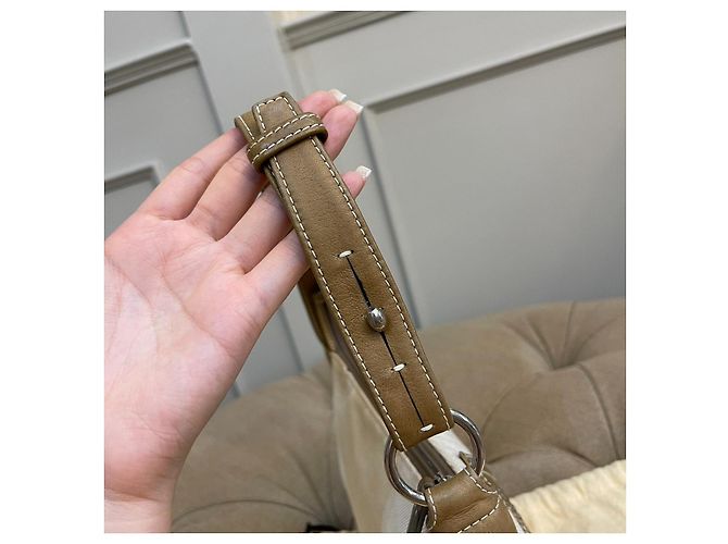 Rara pochette vintage LOEWE in tela e pelle marrone chiaro Bianco Beige - vista 10
