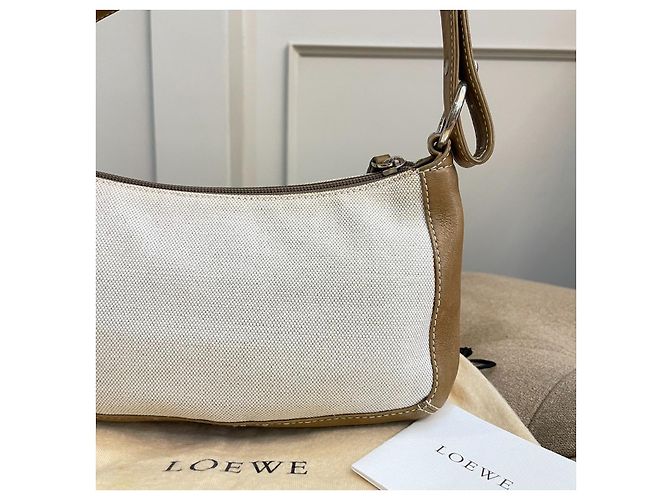 Rara pochette vintage LOEWE in tela e pelle marrone chiaro Bianco Beige - vista 12