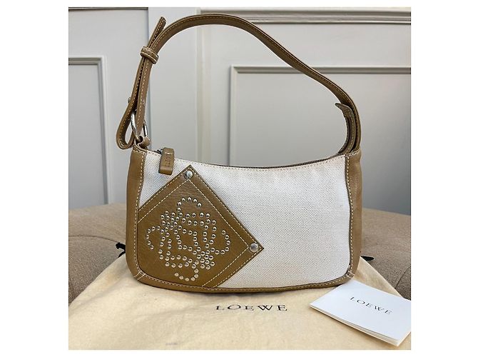 Rara pochette vintage LOEWE in tela e pelle marrone chiaro Bianco Beige - vista 13
