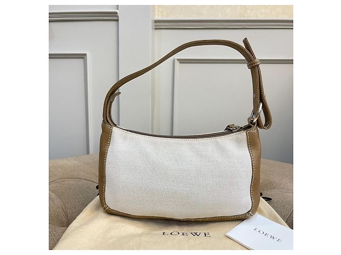 Rara pochette vintage LOEWE in tela e pelle marrone chiaro Bianco Beige - vista 14