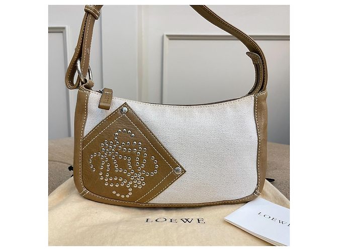 Rara pochette vintage LOEWE in tela e pelle marrone chiaro Bianco Beige - vista 15