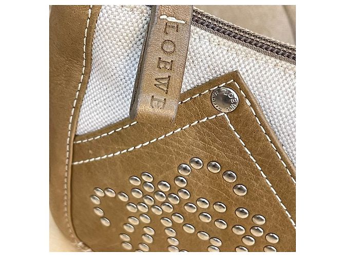 Rara pochette vintage LOEWE in tela e pelle marrone chiaro Bianco Beige - vista 16