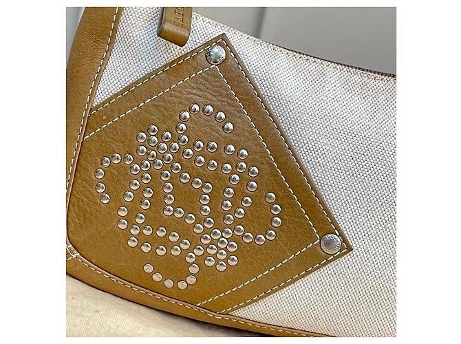 Rara pochette vintage LOEWE in tela e pelle marrone chiaro Bianco Beige - vista 17