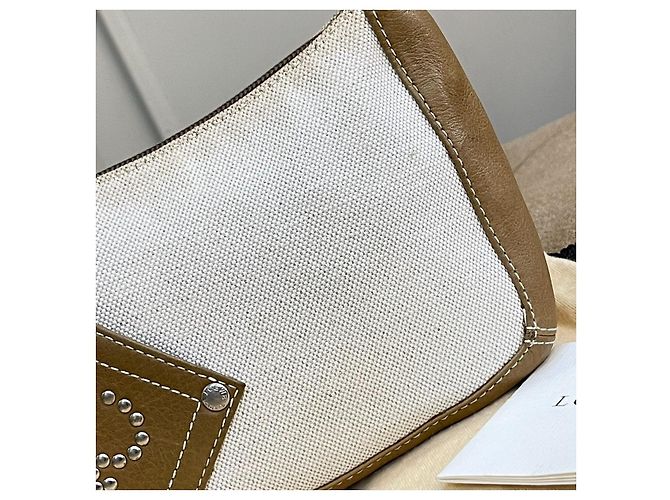 Rara pochette vintage LOEWE in tela e pelle marrone chiaro Bianco Beige - vista 18