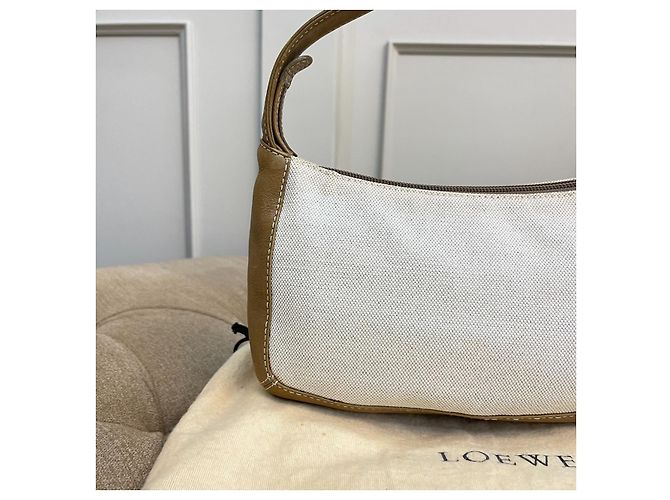 Rara pochette vintage LOEWE in tela e pelle marrone chiaro Bianco Beige - vista 19