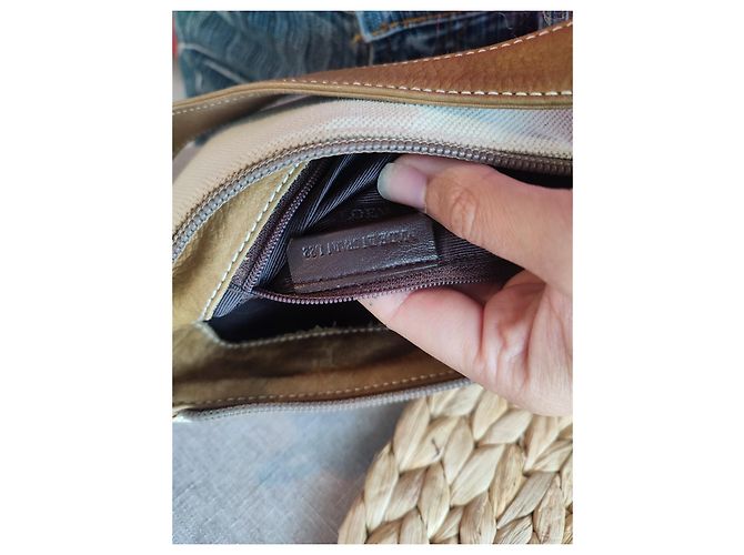 Rara pochette vintage LOEWE in tela e pelle marrone chiaro Bianco Beige - vista 2