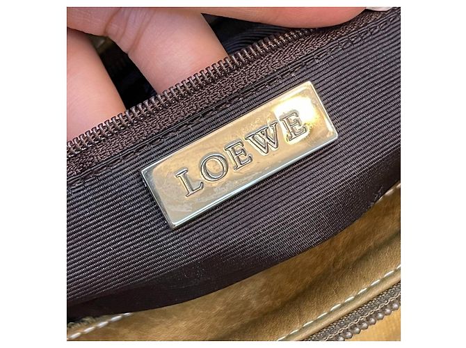 Rara pochette vintage LOEWE in tela e pelle marrone chiaro Bianco Beige - vista 3