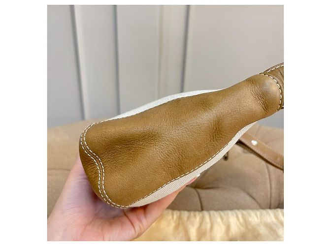 Rara pochette vintage LOEWE in tela e pelle marrone chiaro Bianco Beige - vista 7