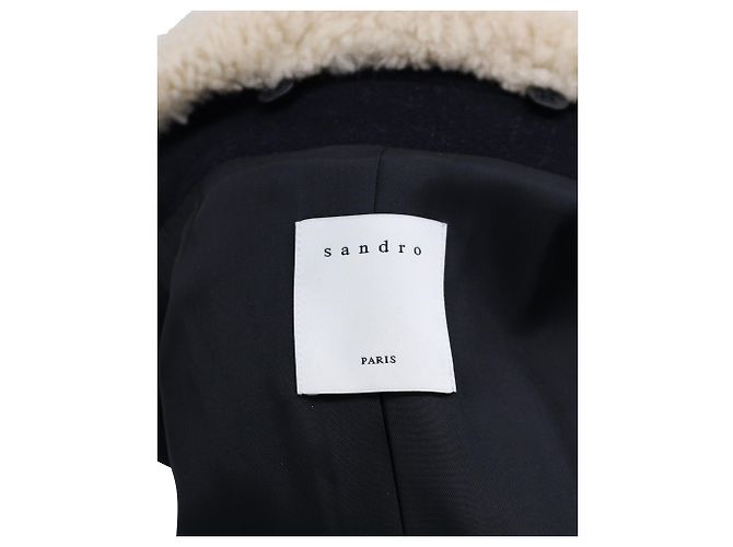 Sandro Paris Pea Coat with Detachable Faux Shearling Collar in Navy Blue Wool - view 3