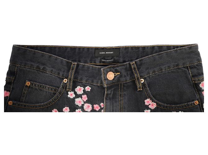 Isabel Marant Jean brodé de fleurs Holan en coton noir - vue 4