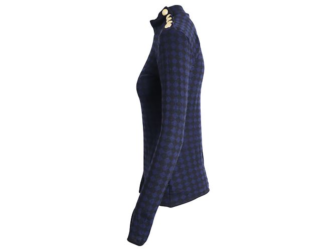 Balmain Studded-Shoulder Diamond Print Long Sleeve Top in Multicolor Wool Python print - view 2
