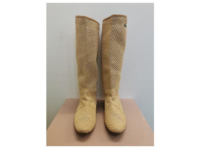 Bottes Ermanno Scervino en raphia et cuir beige - vue 2