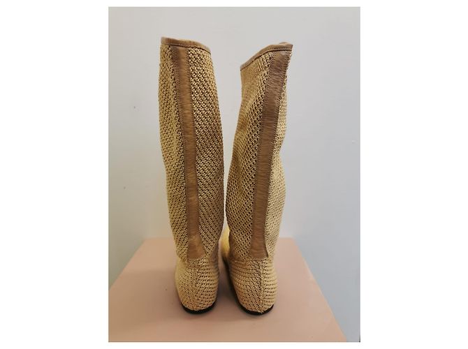 Bottes Ermanno Scervino en raphia et cuir beige - vue 5