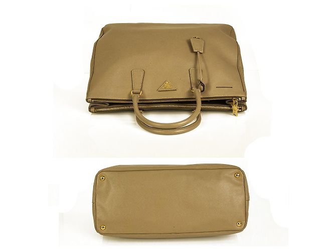 Borsa shopper PRADA XL Saffiano Lux foderata con zip in pelle beige Visone - vista 3
