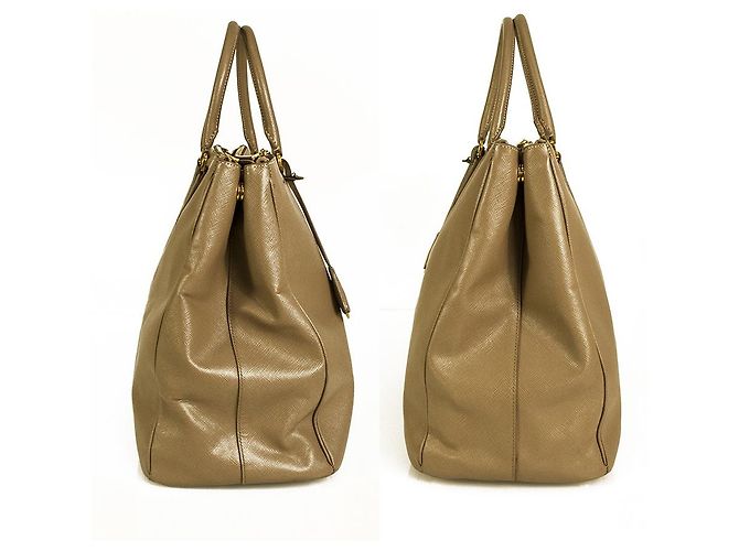 Borsa shopper PRADA XL Saffiano Lux foderata con zip in pelle beige Visone - vista 5