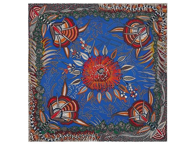Schal mit Hermès-Blumen aus Südafrika 140 Grün Orange Hellblau - Ansicht 7