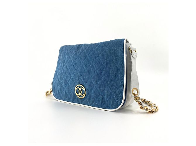 Bolso Chanel Besace de Cuero Blanco y Mezclilla Azul claro - vista 2