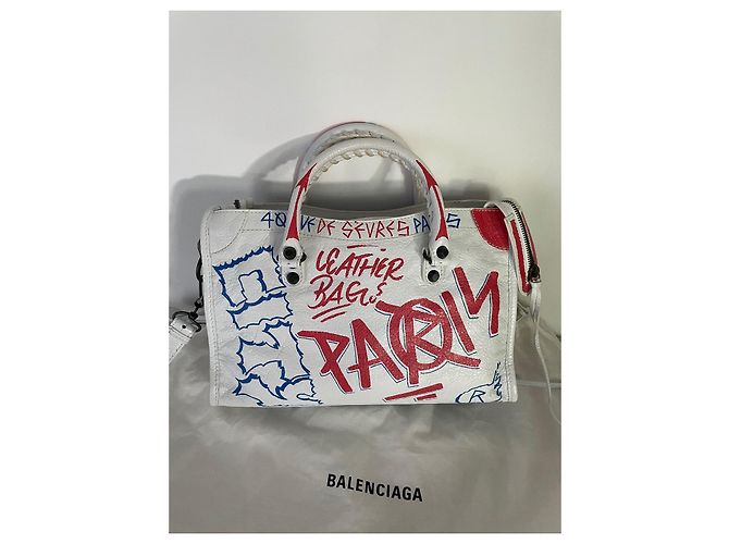 Borsa Balenciaga City in pelle bianca con graffiti rosso e blu Bianco - vista 2