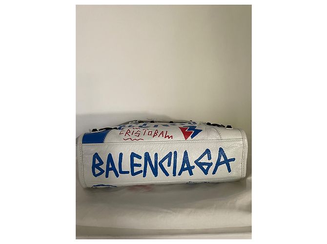 Borsa Balenciaga City in pelle bianca con graffiti rosso e blu Bianco - vista 3