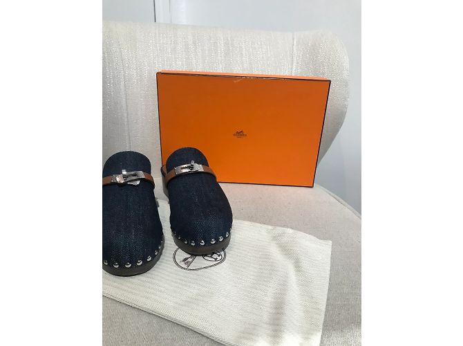Kelly Hermès HERMES  Mules & clogs T.EU 37 Leather Blue - view 8