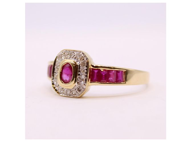 Autre Marque Octagonal ruby and diamond ring in yellow gold 18 carats Red Gold hardware - view 6
