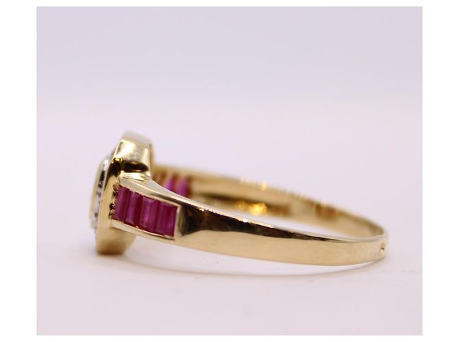 Autre Marque Octagonal ruby and diamond ring in yellow gold 18 carats Red Gold hardware - view 7