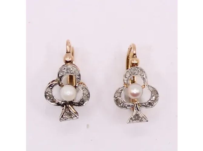 Autre Marque Orecchini Art Nouveau a forma di trifoglio con diamanti e perle fini Gold hardware - vista 4