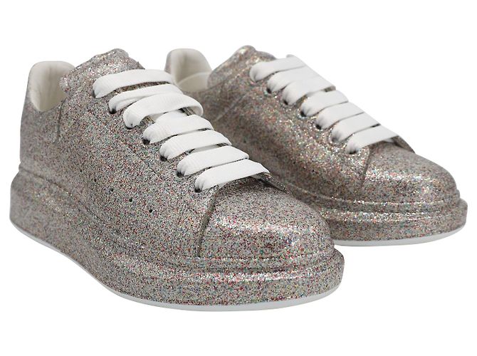 Alexander Mcqueen Multicolor Glitter Spray Oversized Sneakers in Silver Leather Silvery Metallic - view 3