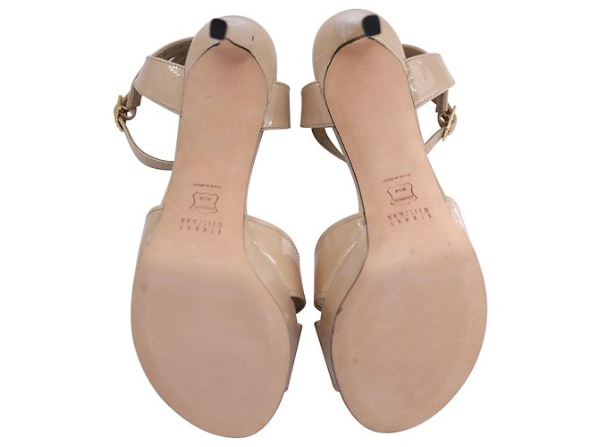 Stuart Weitzman Cross Strap Platform Sandals in Beige Patent Leather - view 5