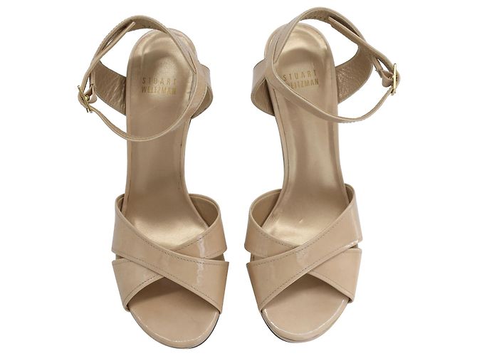 Stuart Weitzman Cross Strap Platform Sandals in Beige Patent Leather - view 6