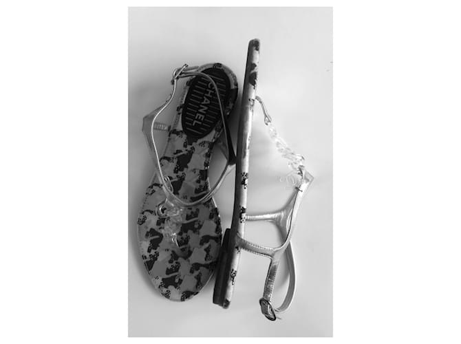 Sandali Infradito Chanel CC Pelle Argento Nero Grigio - vista 11