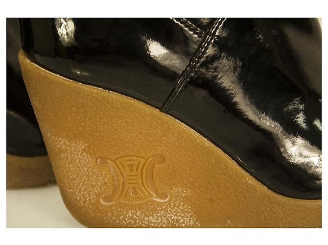 Celine Daoust Céline Celine Schwarzes Lackleder Beige Crepe Wedge Plateaustiefel Schuhe Gr 37 - Ansicht 10