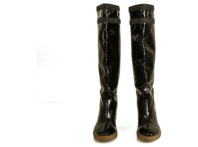 Celine Daoust Céline Celine Schwarzes Lackleder Beige Crepe Wedge Plateaustiefel Schuhe Gr 37 - Ansicht 2
