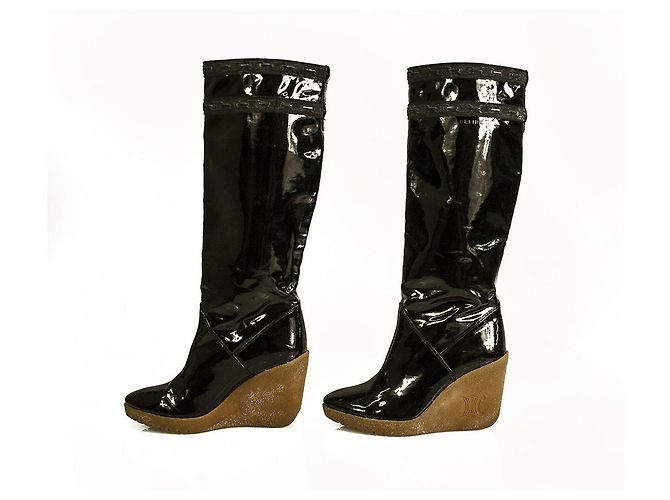 Celine Daoust Céline Celine Schwarzes Lackleder Beige Crepe Wedge Plateaustiefel Schuhe Gr 37 - Ansicht 3